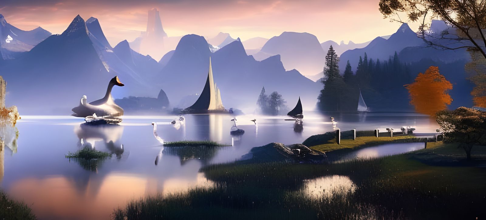 Serene Swans Concept Art in Dramatic Lighting