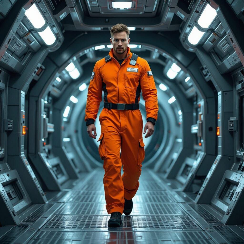 Mechanic on Spaceship in Futuristic Style