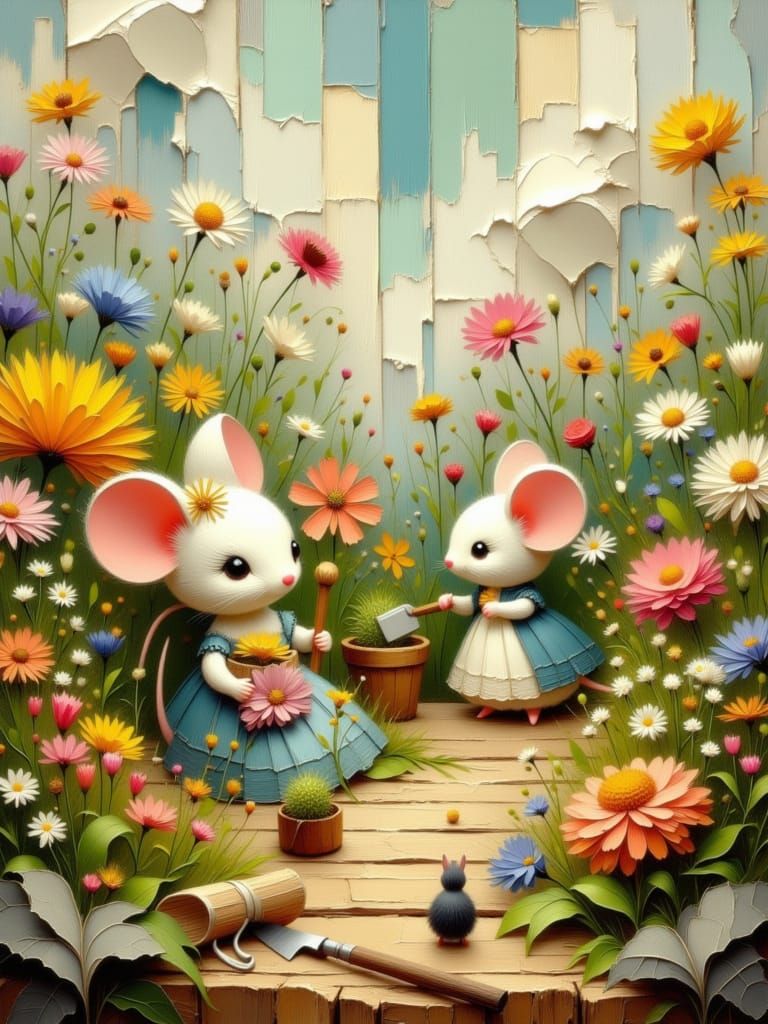Whimsical Mice Tend Miniature Garden in Rococo Style
