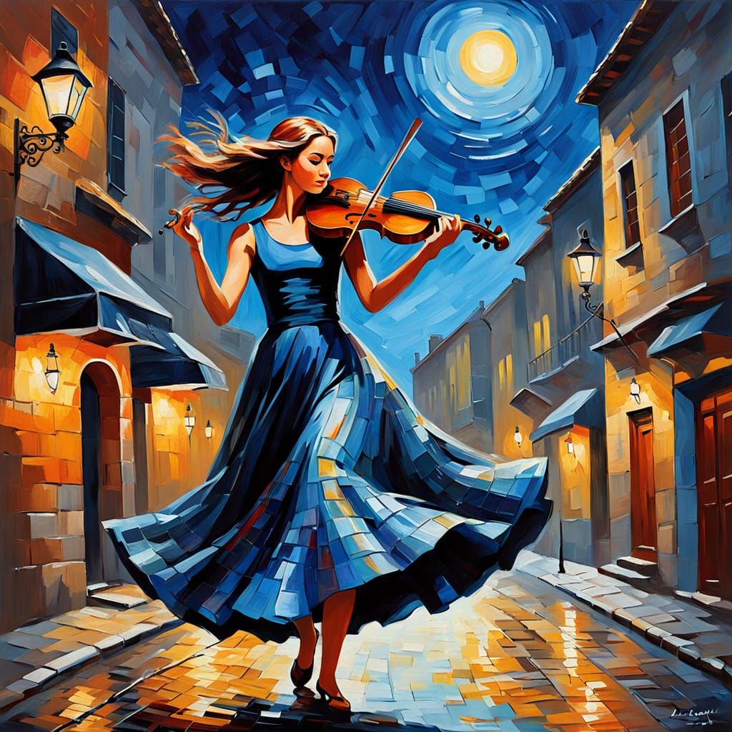 Joyful Violinist Dancing on a Moonlit Street