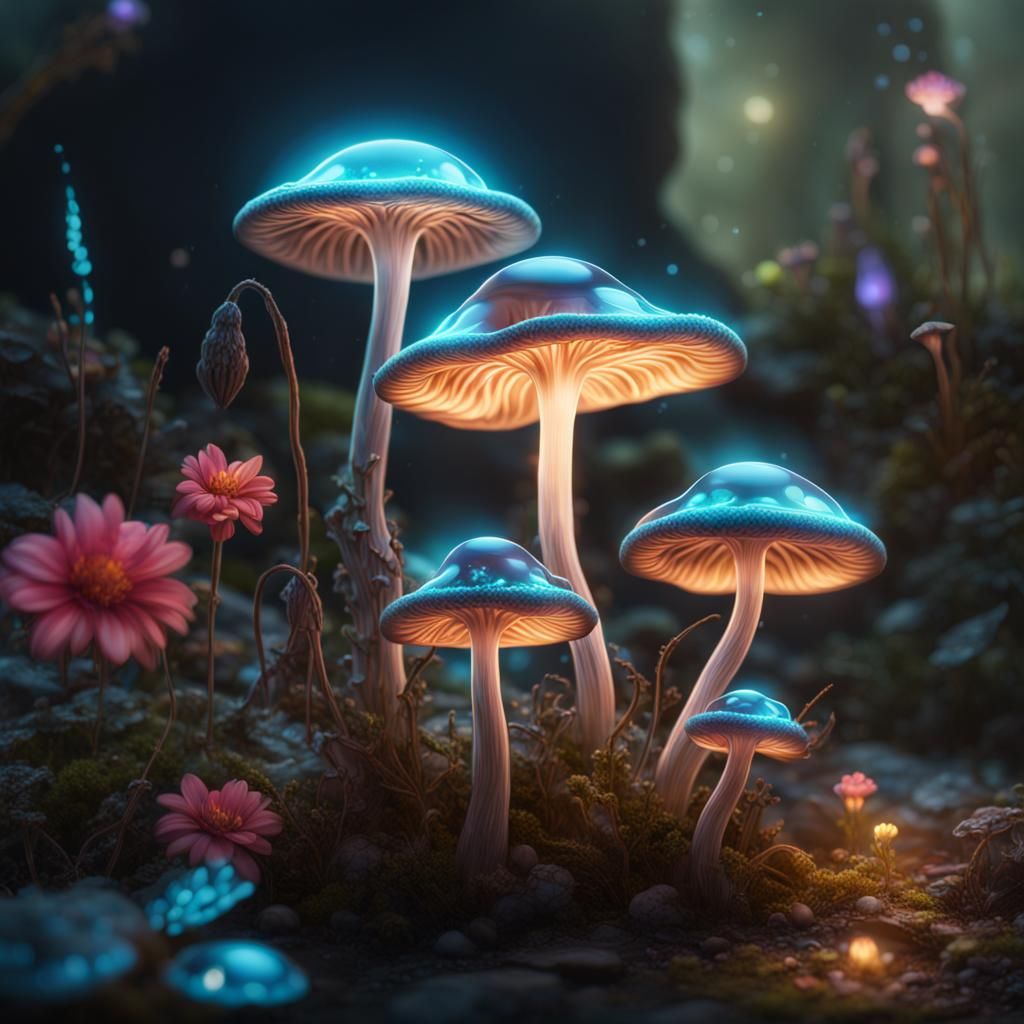 Glowing Bioluminescent Mushrooms and Flowers: Fantasy Concep...