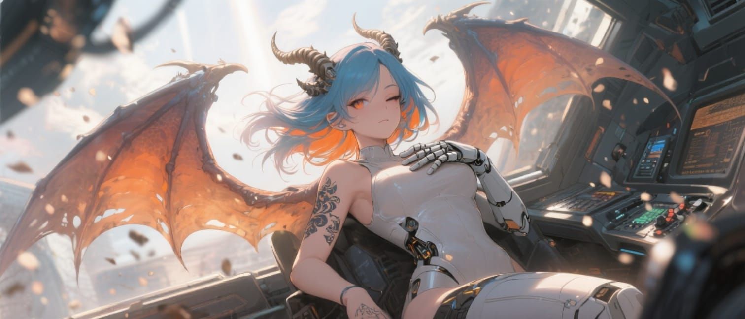 Aesthetic Dragongirl with Mecha Wings, Manga Cover Art
