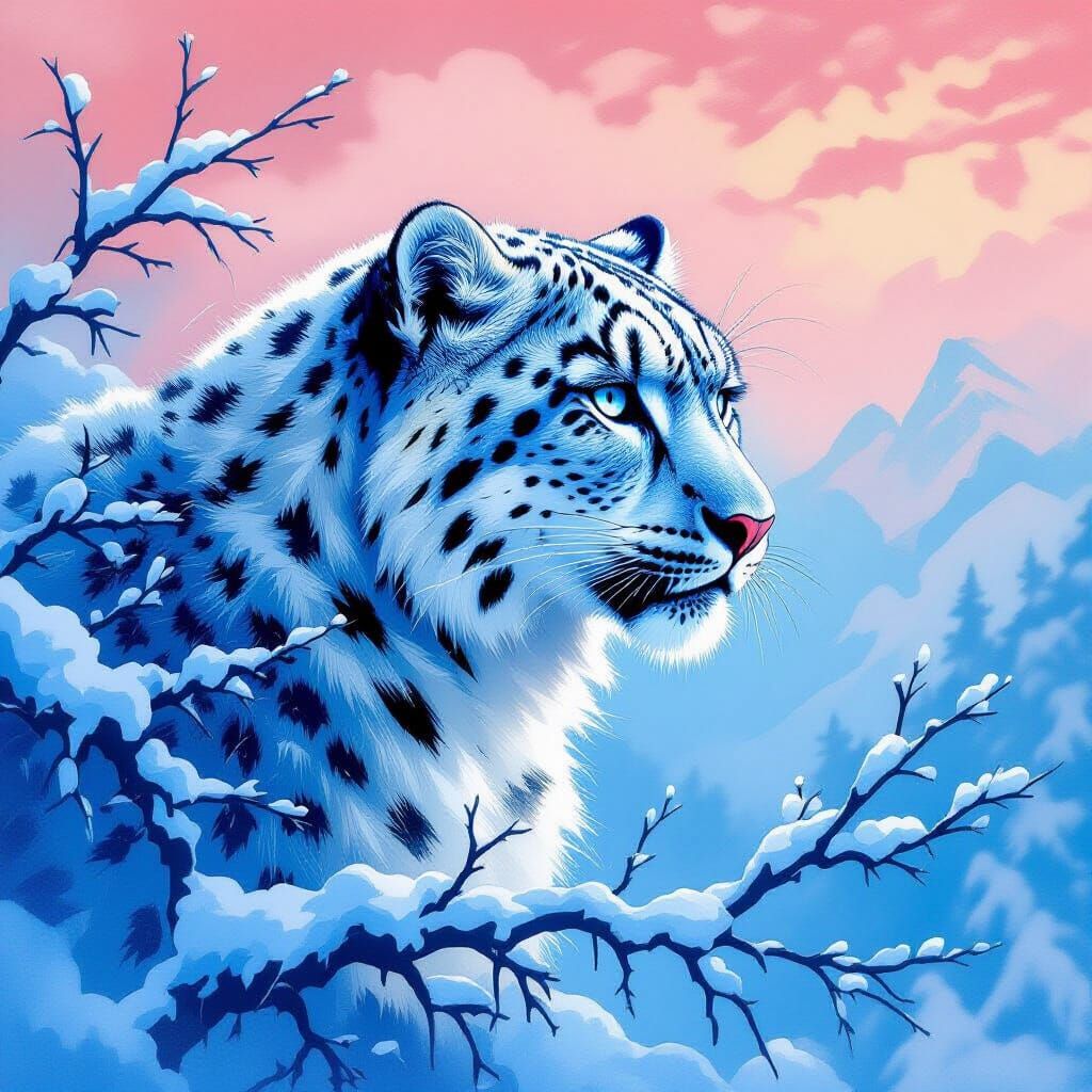 Mystical Snow Leopard Sketch in Blue and Coral