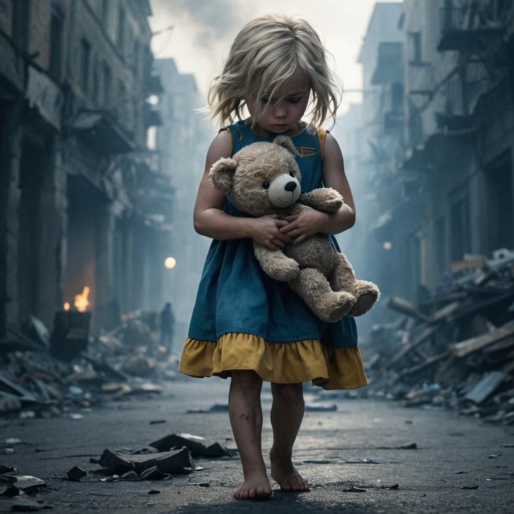 Girl with Teddy Bear in War-Torn City