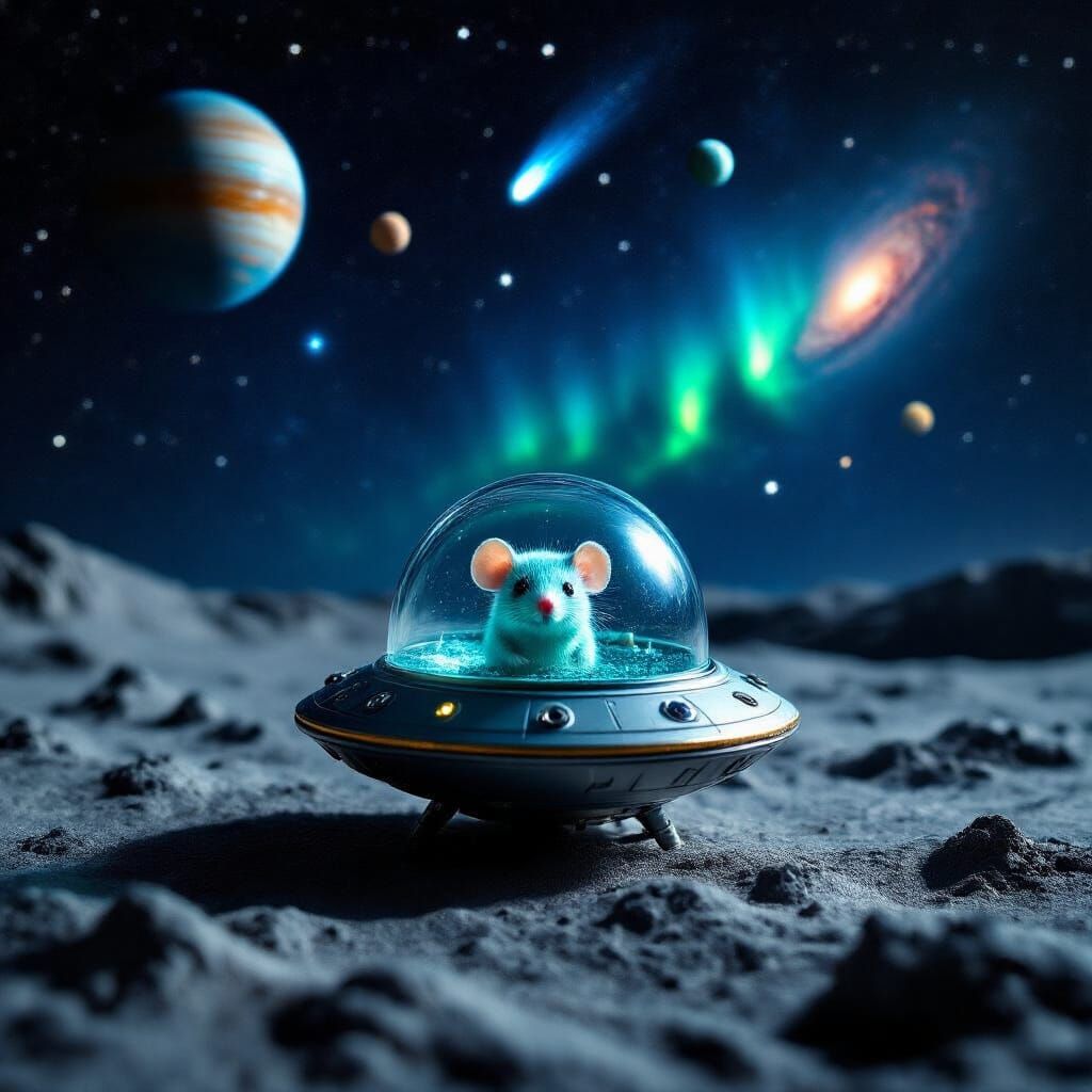 Alien Spaceship with Chibi Mouse on Moon Surface