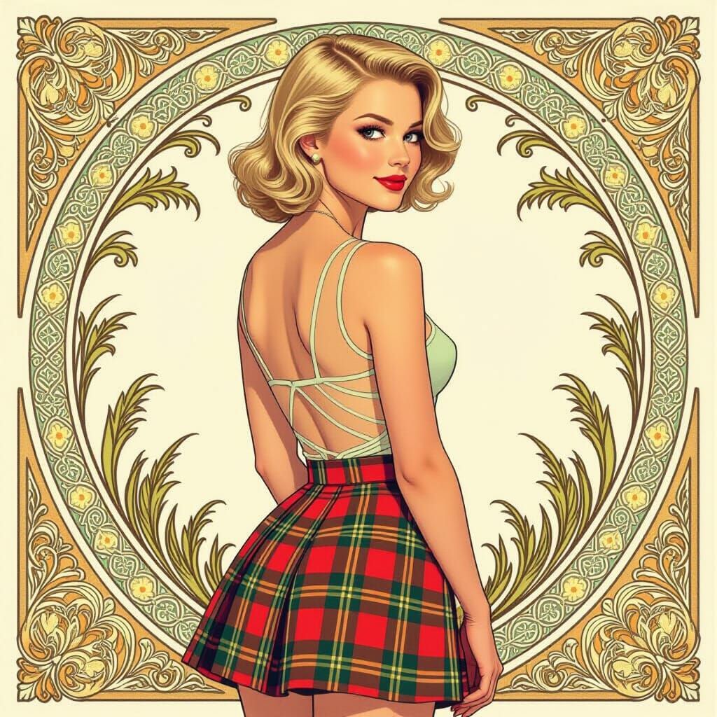 Blonde Woman in Plaid Skirt: Art Nouveau Style