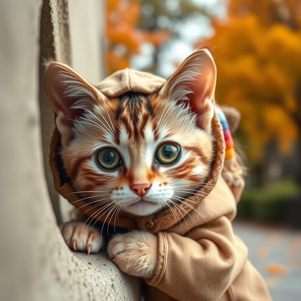 Kitten Peeks Out in Hooded Cloak, 3D Render