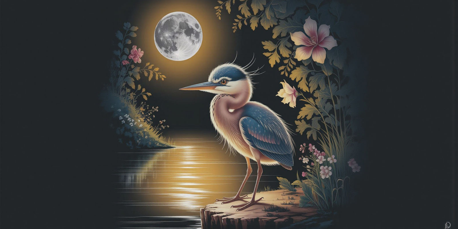 Moonlit Heron in a Serene Riverbank Scene