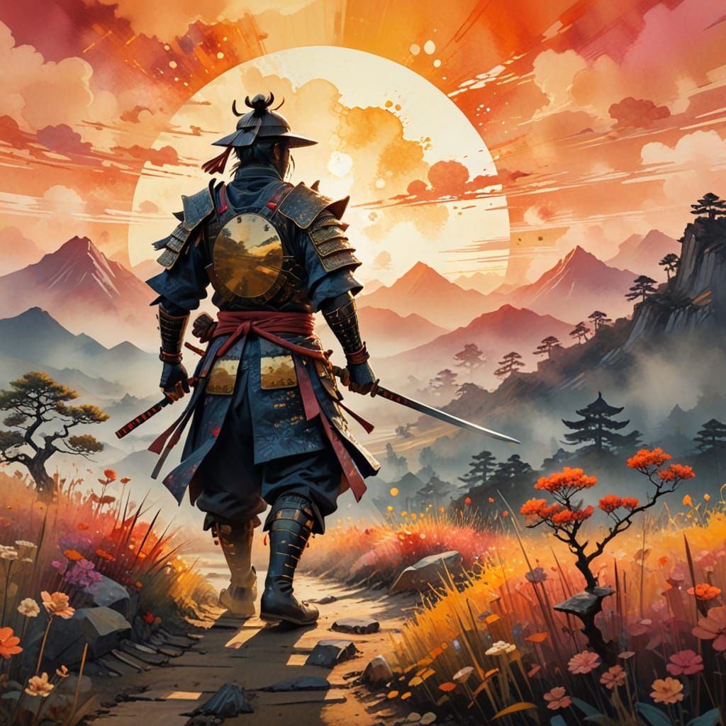 Samurai Sunrise: Watercolor Surrealism Landscape
