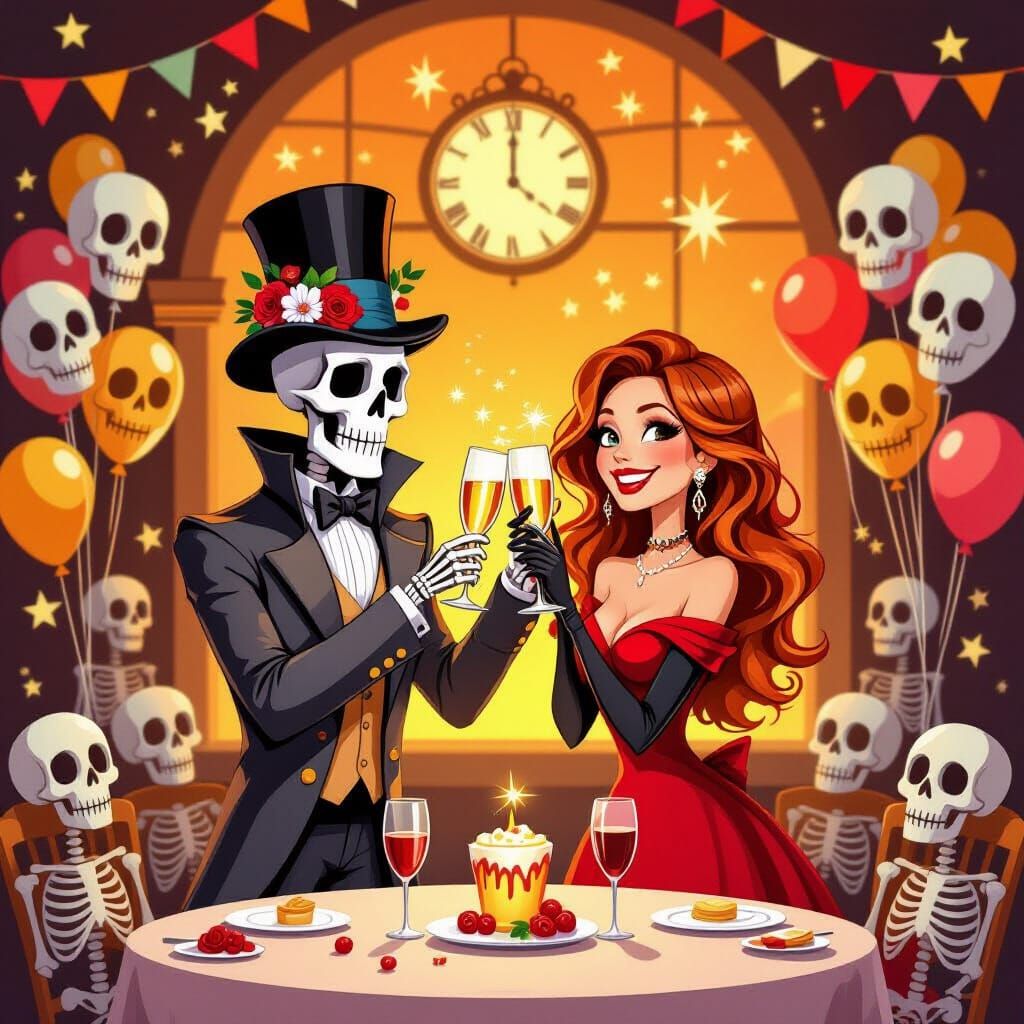 Skeleton Toasting Champagne at New Year's Eve Party