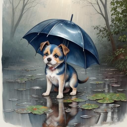 Sad Puppy in Rain: Watercolor Photorealistic Painting