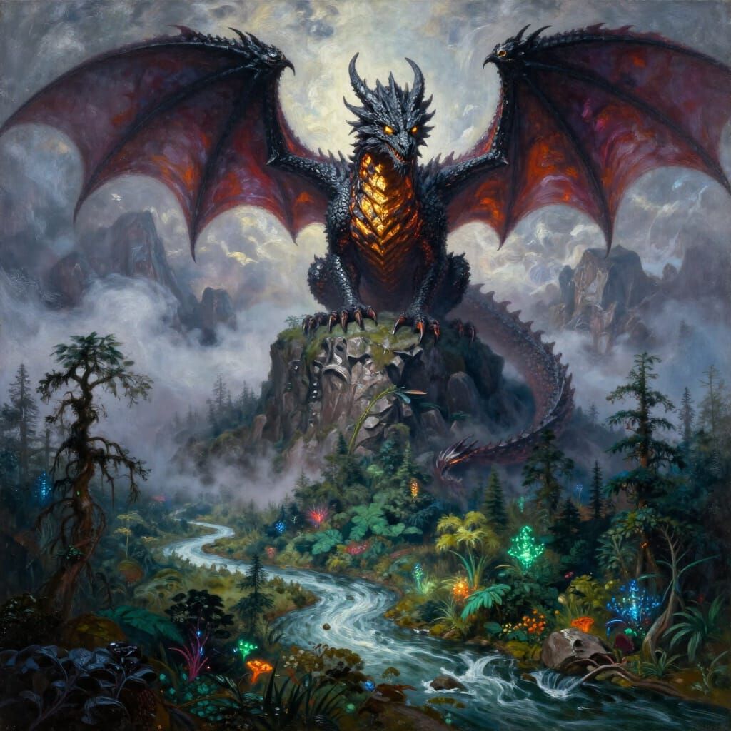 Ancient Dragon on Misty Mountain Peak in Oil Painting Style