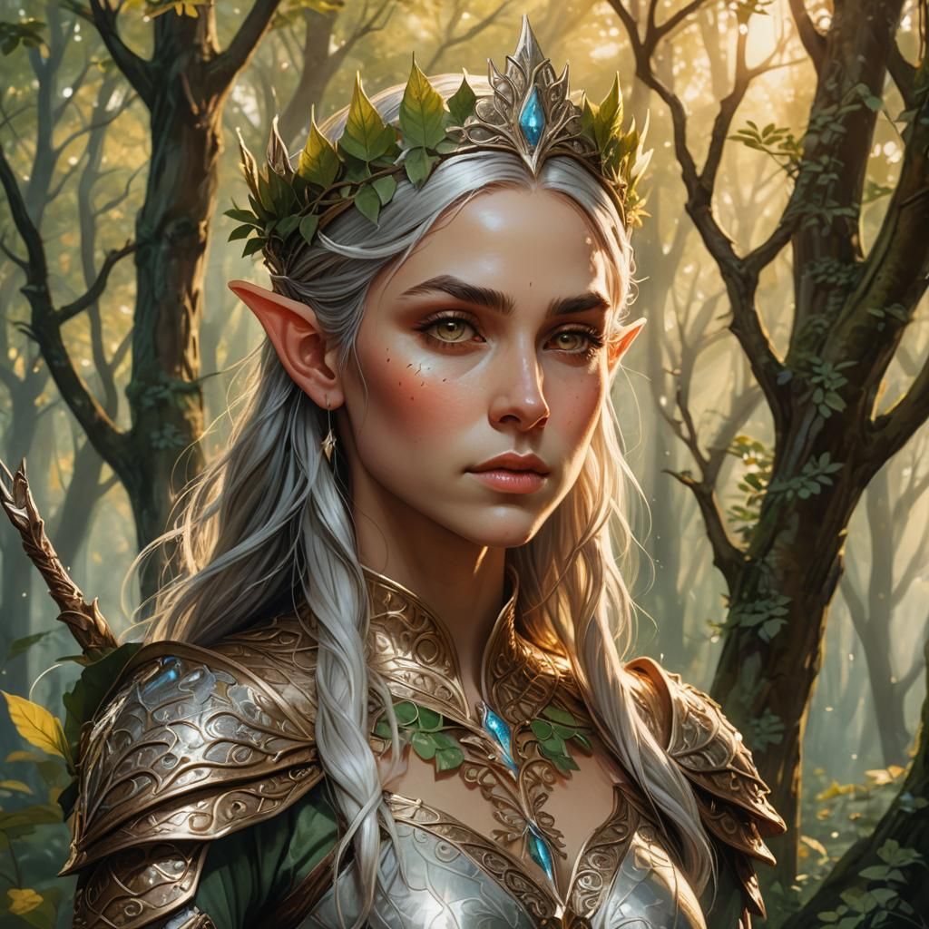 Ethereal Elf Warrior in Forest: Watercolor Illustration