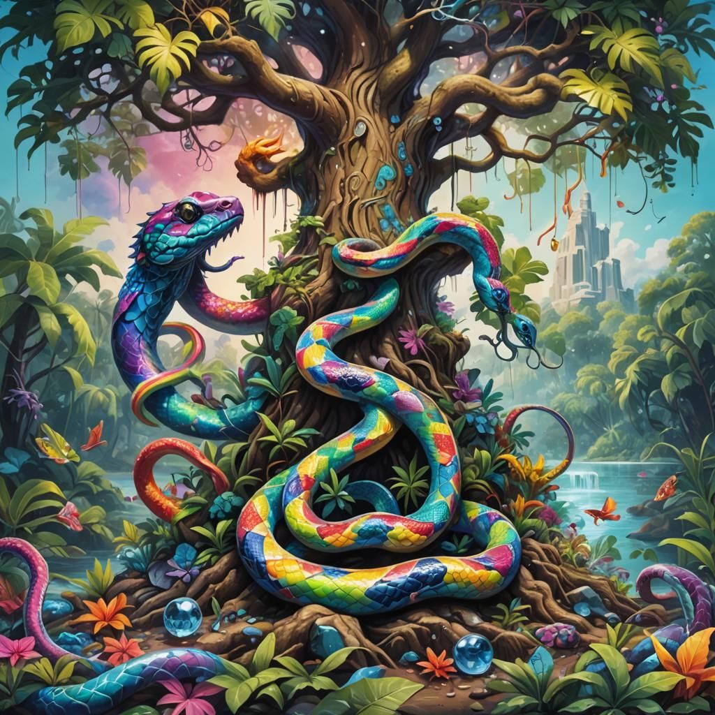 Rainbow Snake Ascends Crystal: Graffiti Art Style
