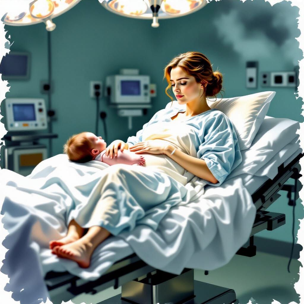 Pregnant Woman Giving Birth in Operating Theater