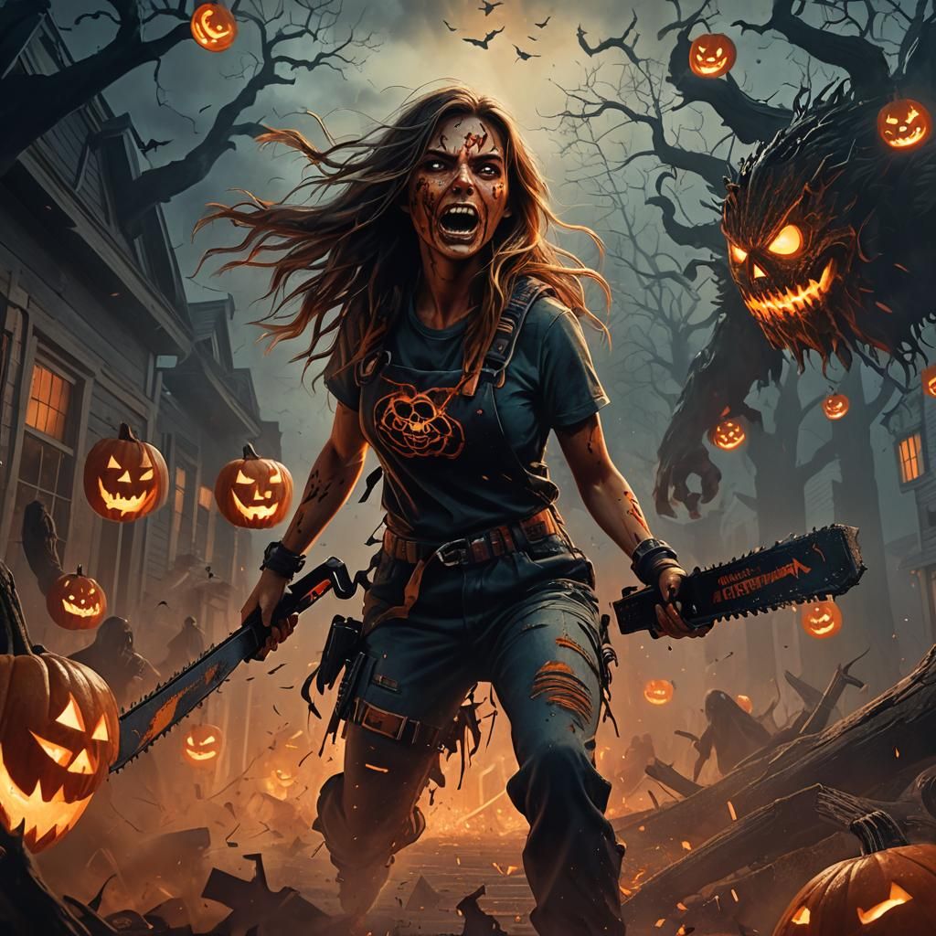 Terrified Girl Runs from Chainsaw Monster on Halloween