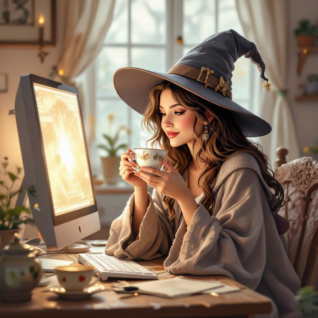Whimsical Witch at Computer with Tea
