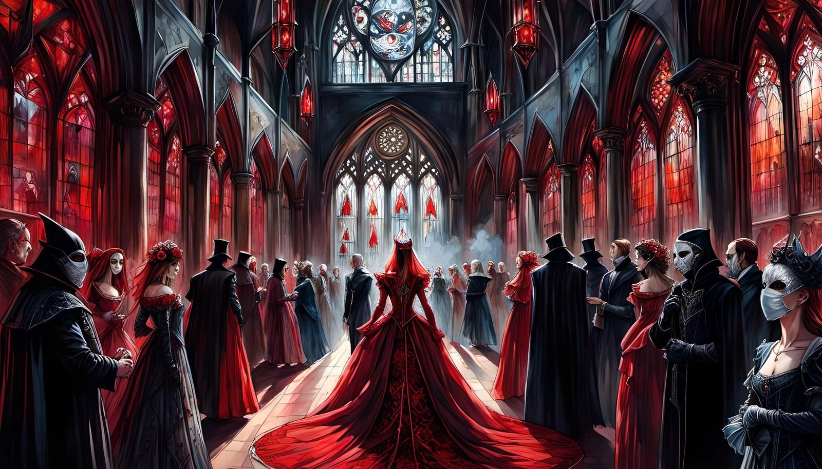 Sinister Masquerade Ball in Gothic Castle, Dark Fantasy Art