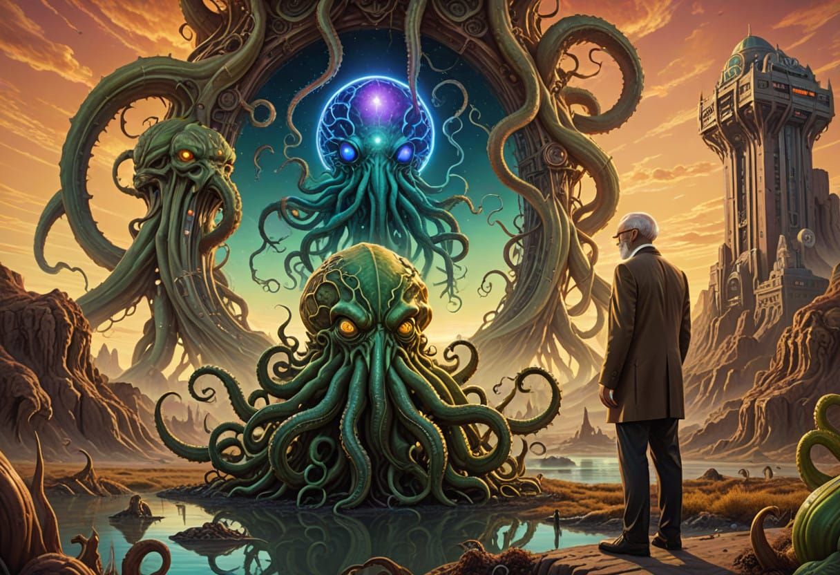 Uncle Albert-Inspired Machine Hybrid in Dystopian Landscape