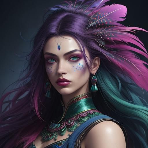 Peacock Woman: Vibrant Oil Painting Avatar Portrait