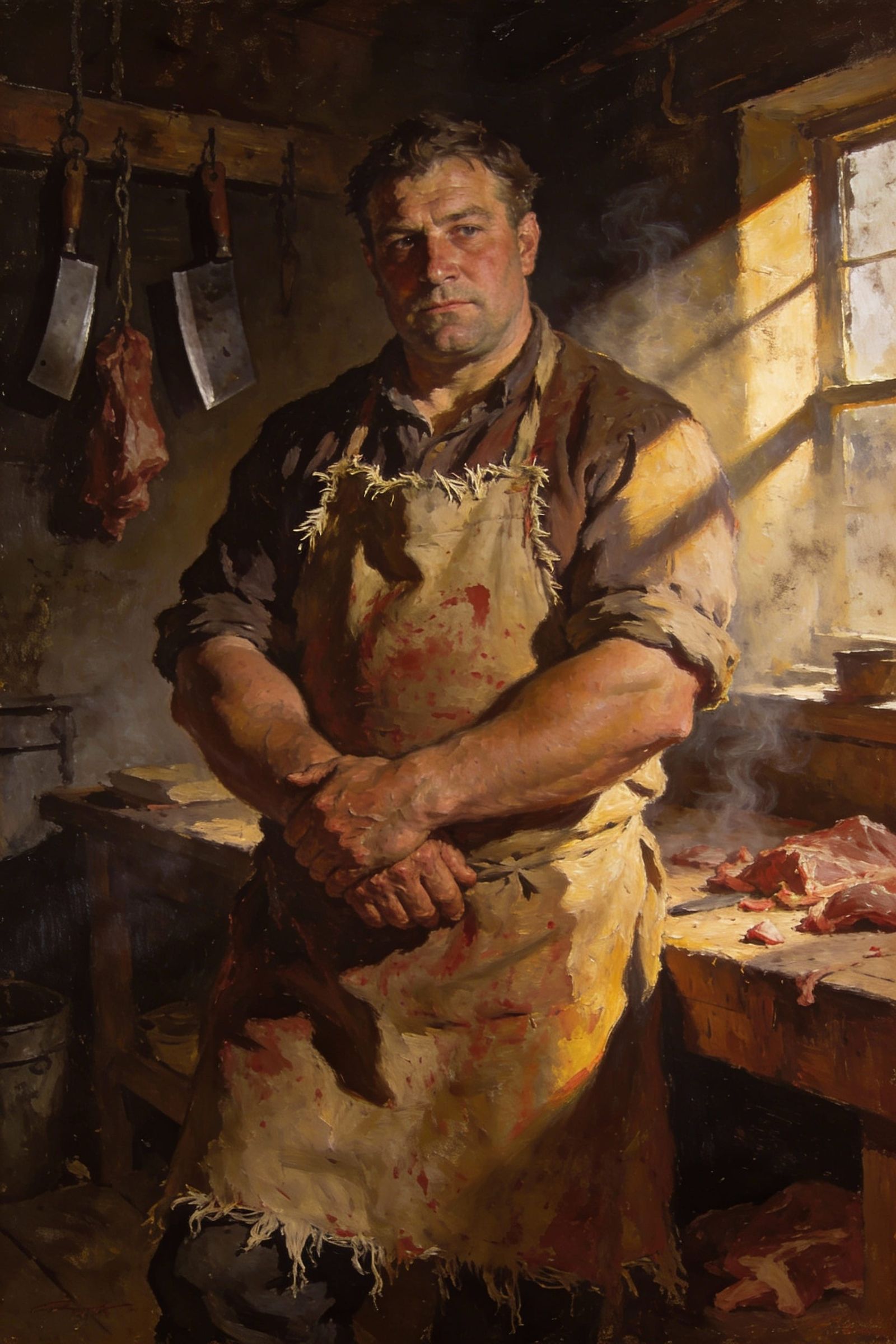 Victorian Butcher in Dark Workshop Oil Painting
