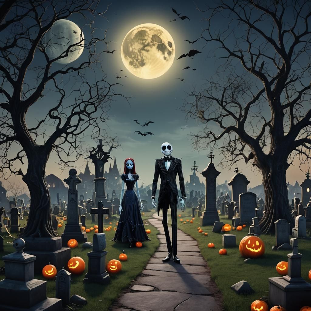 Jack and Sally in Cemetery by Tim Burton