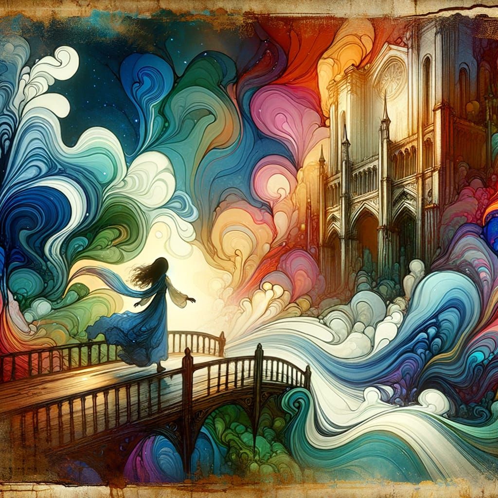Girl Crosses Bridge to Grand Building in Alcohol Ink Style