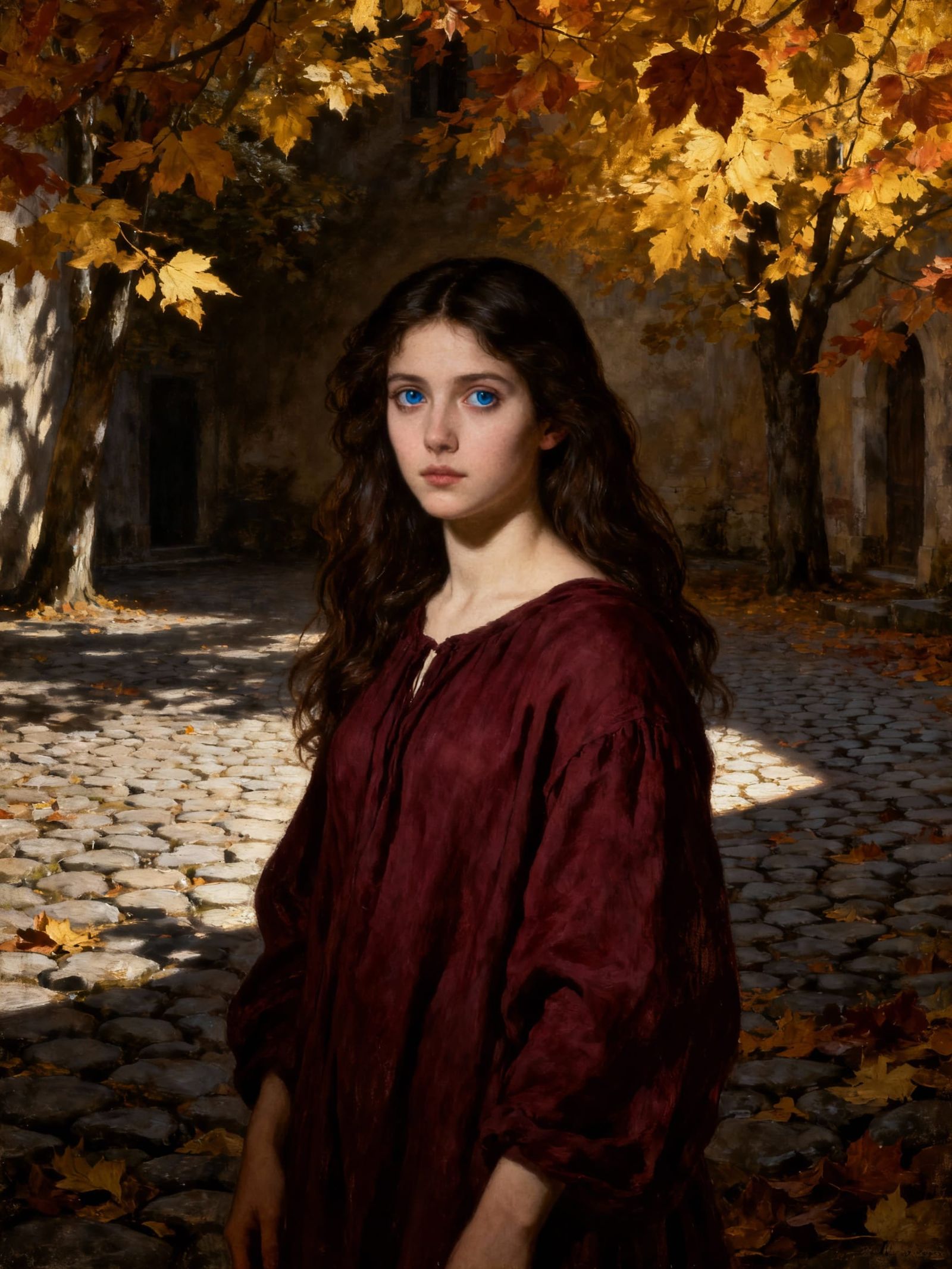 Innocent Woman in Autumn Courtyard, Caravaggio Style