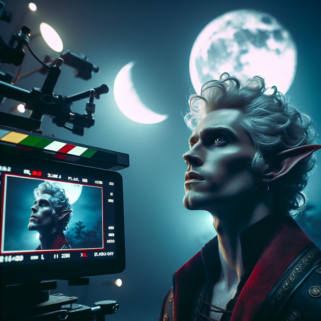 Vampire Elf Gazing at Twin Moons: Cinematic 35mm Film