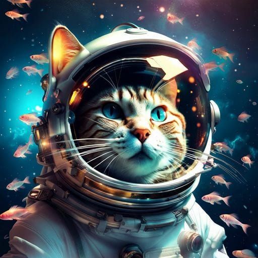 Astronaut Cat in Space with Swimming Fish