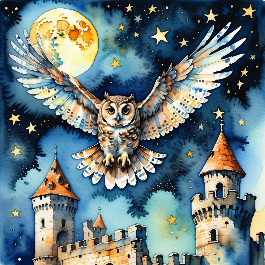 Owl Soaring on Starry Night in Watercolor Style