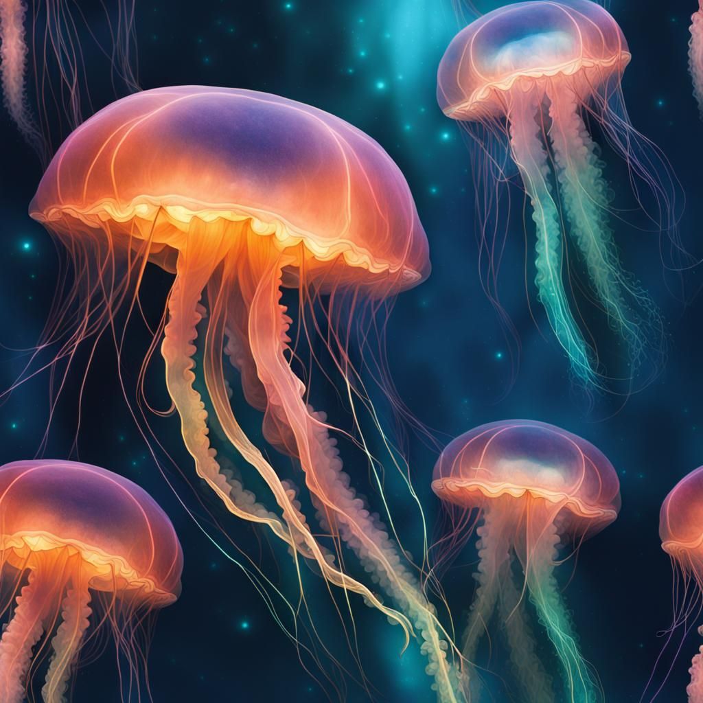 Bioluminescent Jellyfish Ballet in 3D Digital Art