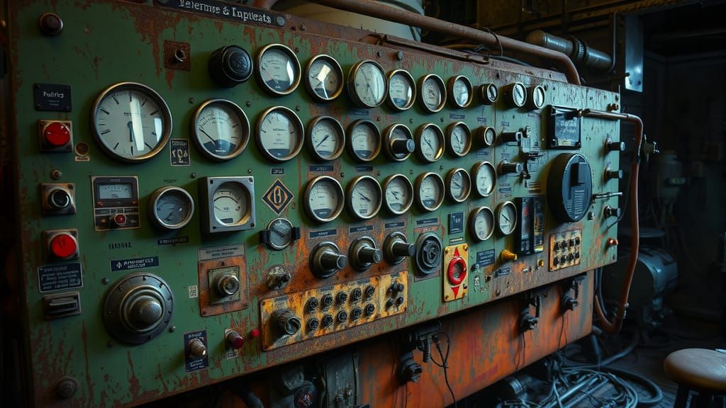 Detailed Rusty Analog Control Panel in Industrial Setting