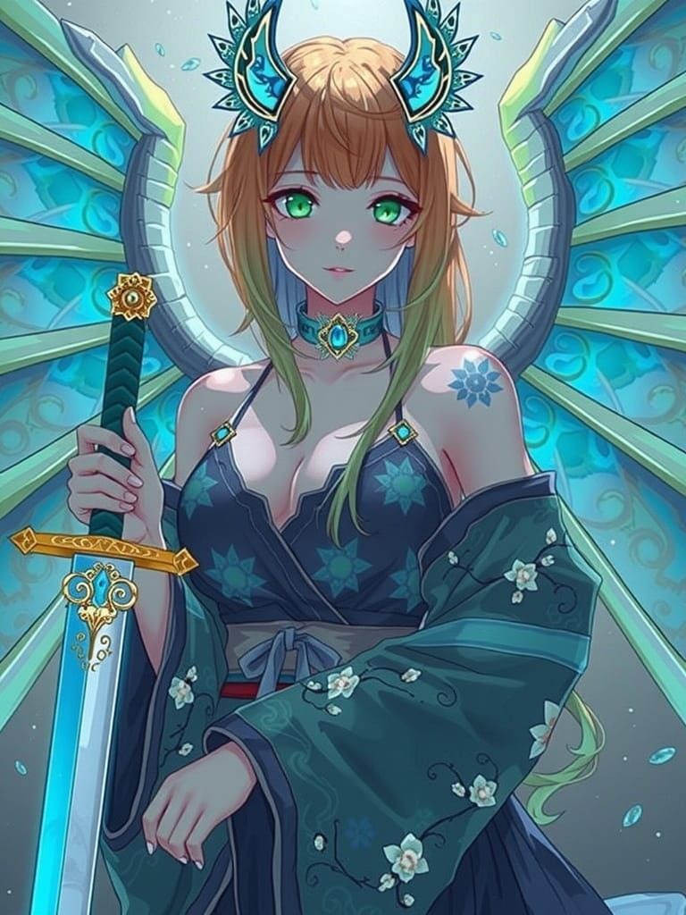 Anime Goddess with Majestic Dragon Wings and Vibrant Aqua Ha...