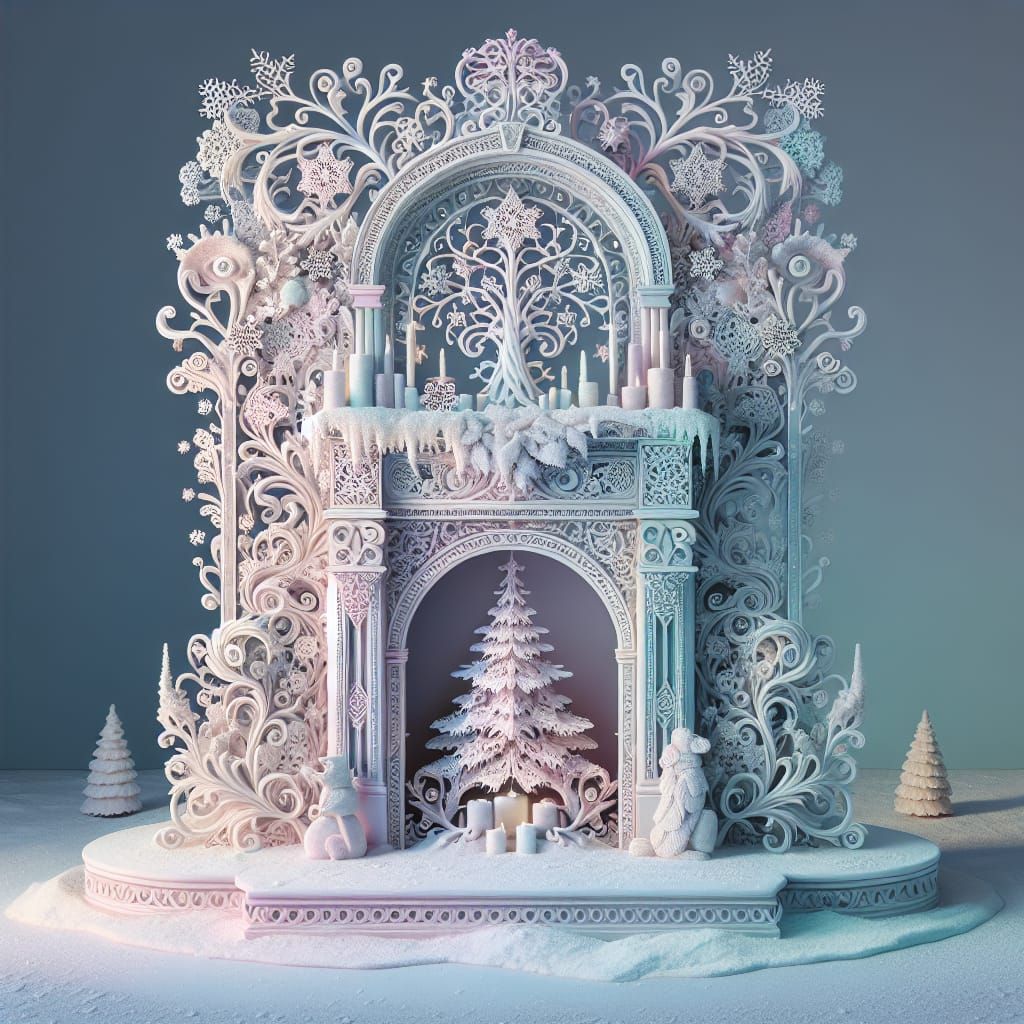 Pastel Winter Wonderland Fireplace Scene