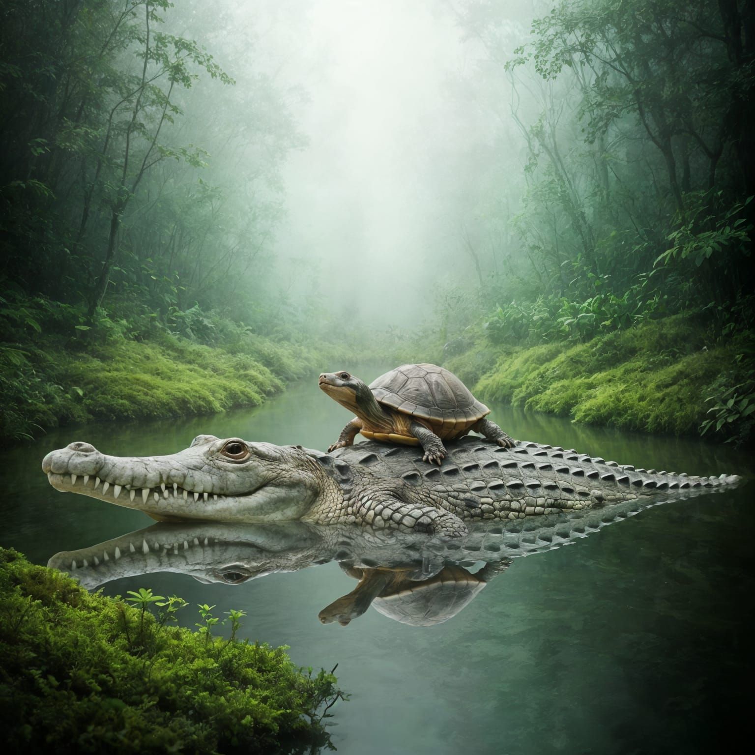 Turtle Rides Crocodile in Misty Swamp Fantasy Scene