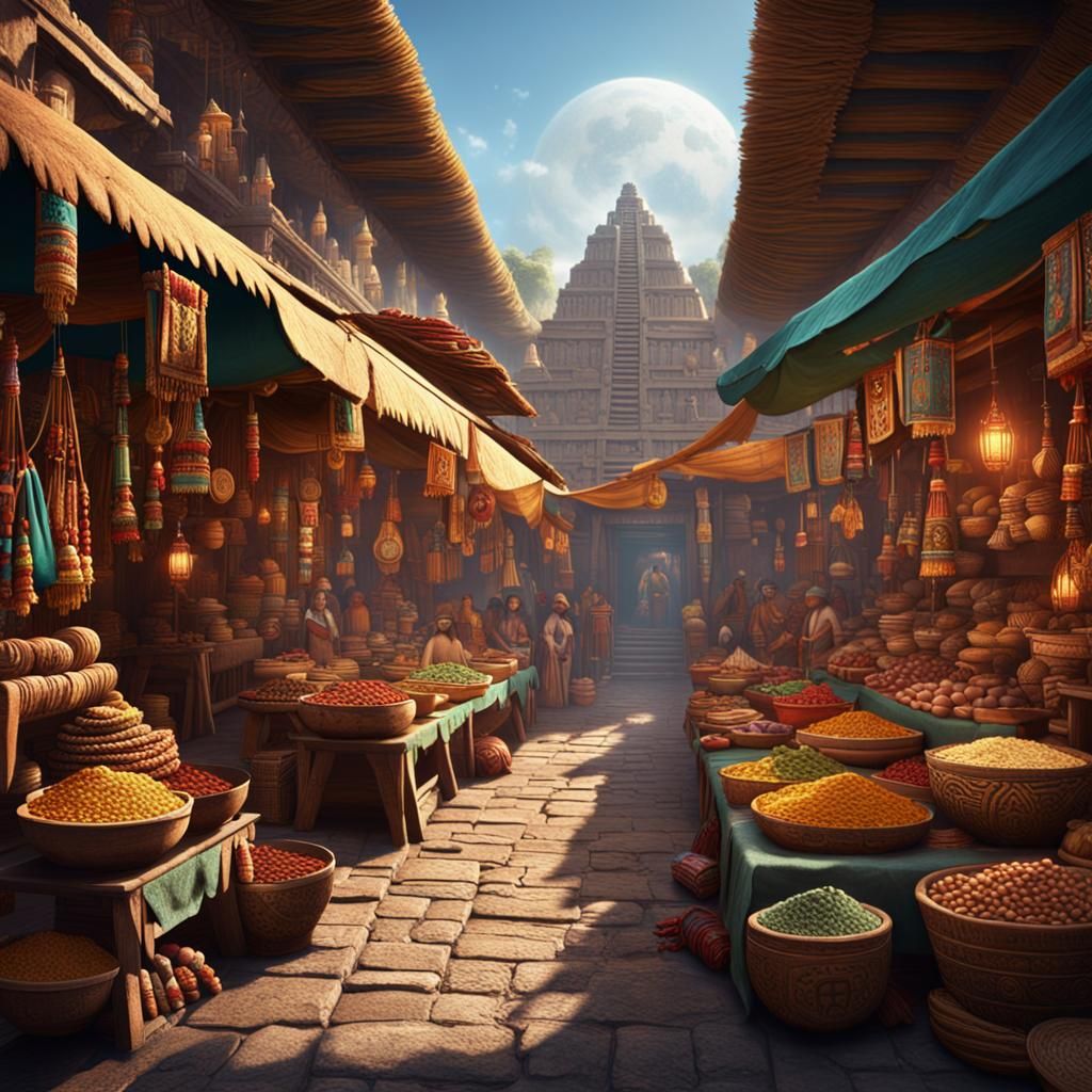 Aztec Market in Enlightenment Era: Detailed Matte Painting