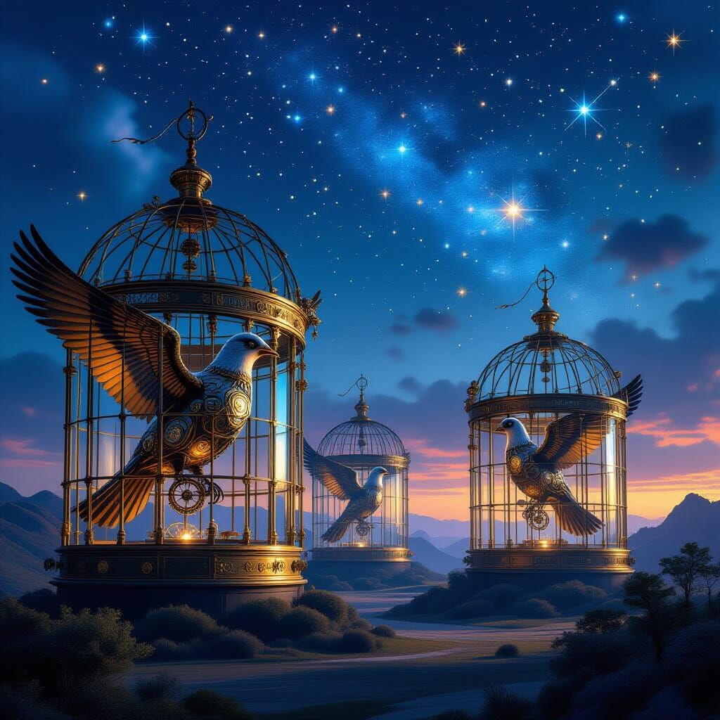 Clockwork Birds in Ornate Brass Cages at Twilight