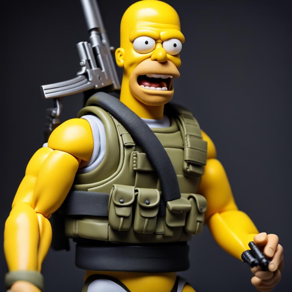Photo realistic. Super realism. GI joe Doll. toy. articulated plastic toy  close-up. weapon .homer simpson