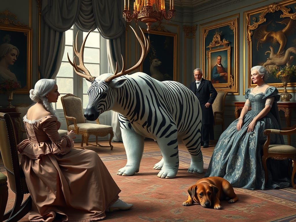 Elegant 18th Century Scene of a Polar Bear with Zebra Stripe...