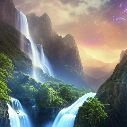 Majestic Waterfall and Mountain Landscape in Astral Style