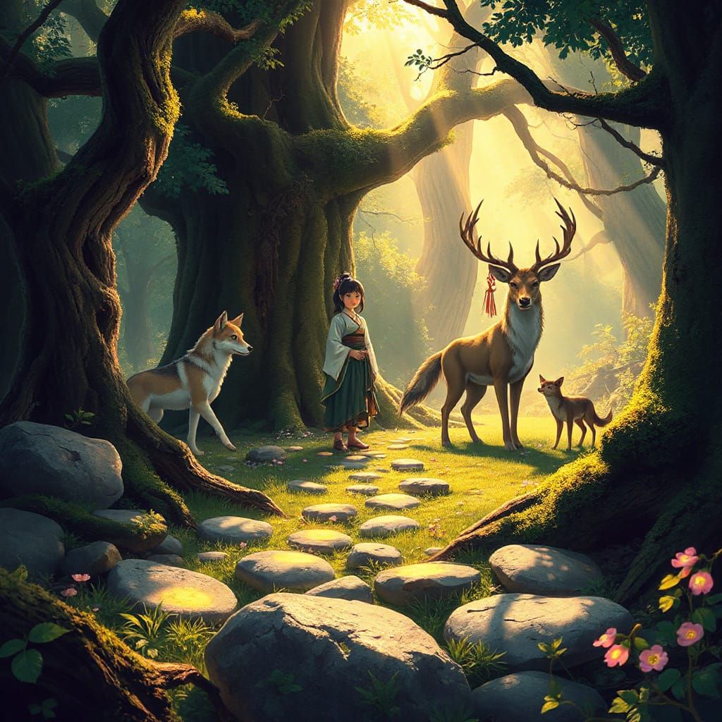 Princess Mononoke's San Surrounded by Wolves and Forest Spir...