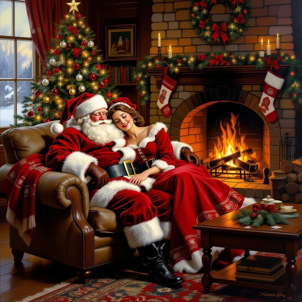 Santa and Mrs. Claus Relaxing by Fireplace