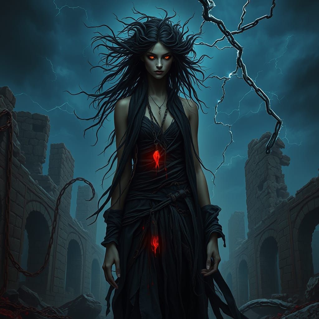 Dark Goddess in Ruins, Inspired by Cyberpunk and Surrealism