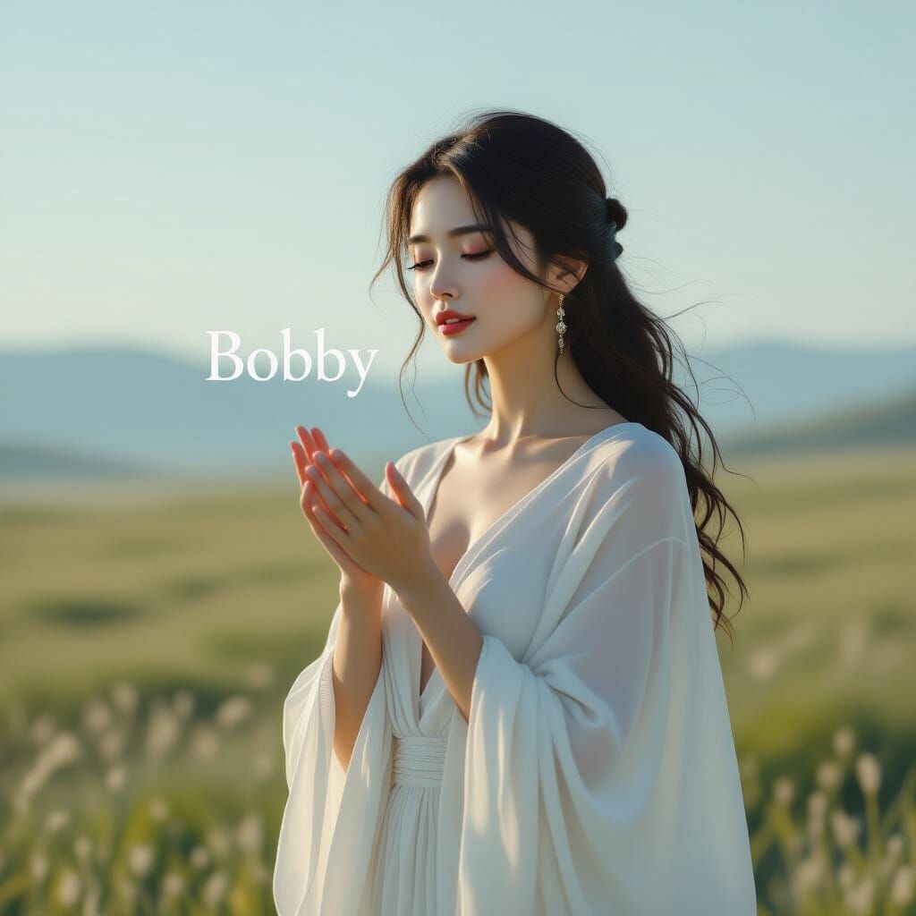 Ethereal Woman Whispering a Name in Dreamy Landscape