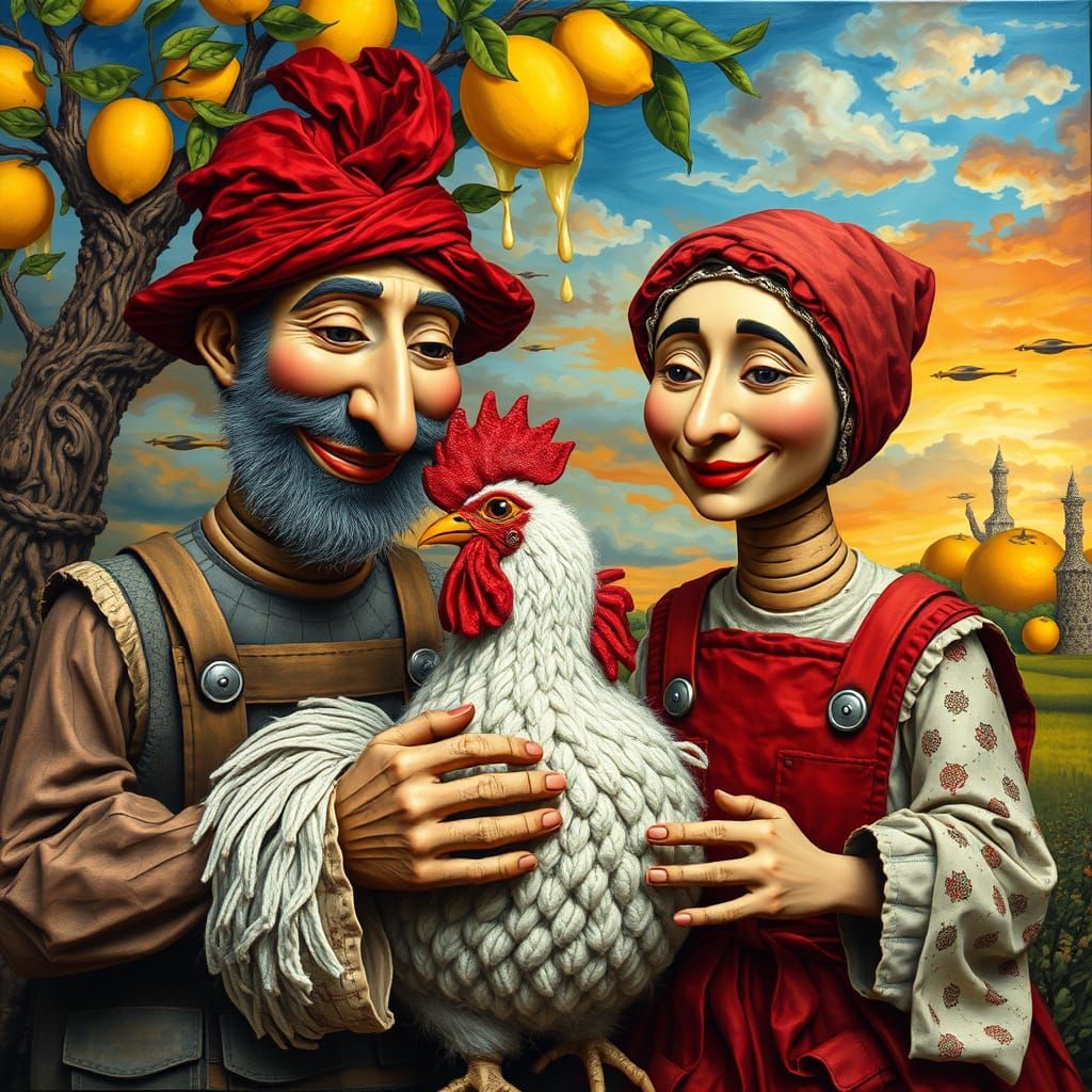 Medieval Farmers Knit Wool Rooster in Surreal Landscape