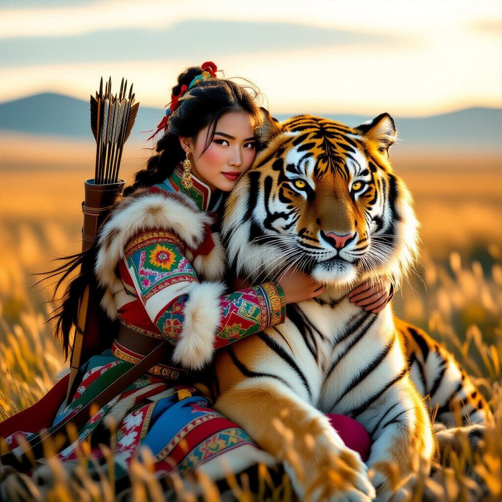 Mongolian Warrior Girl with Tiger on Steppe