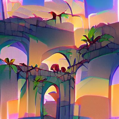 Sunlit Jungle Ruins with Colorful Birds