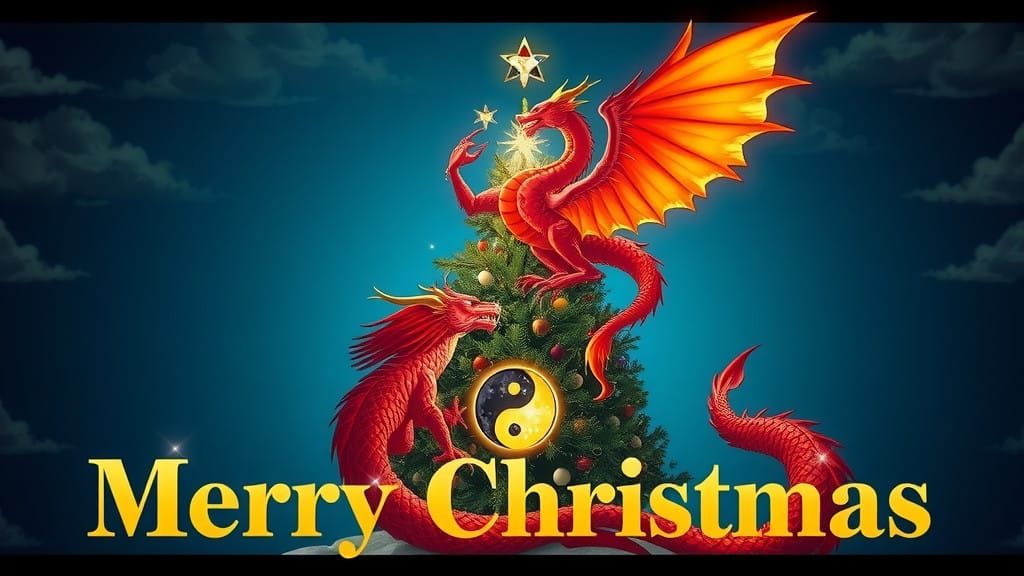 Majestic Red Dragon and Phoenix Surround Luminous Christmas....
