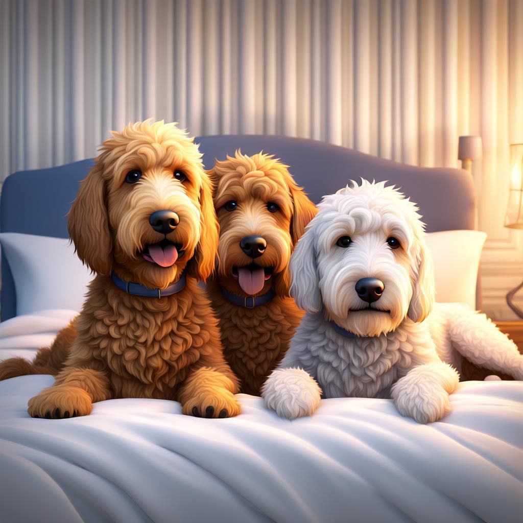 Golden Doodles in Bed as 3D Digital Art